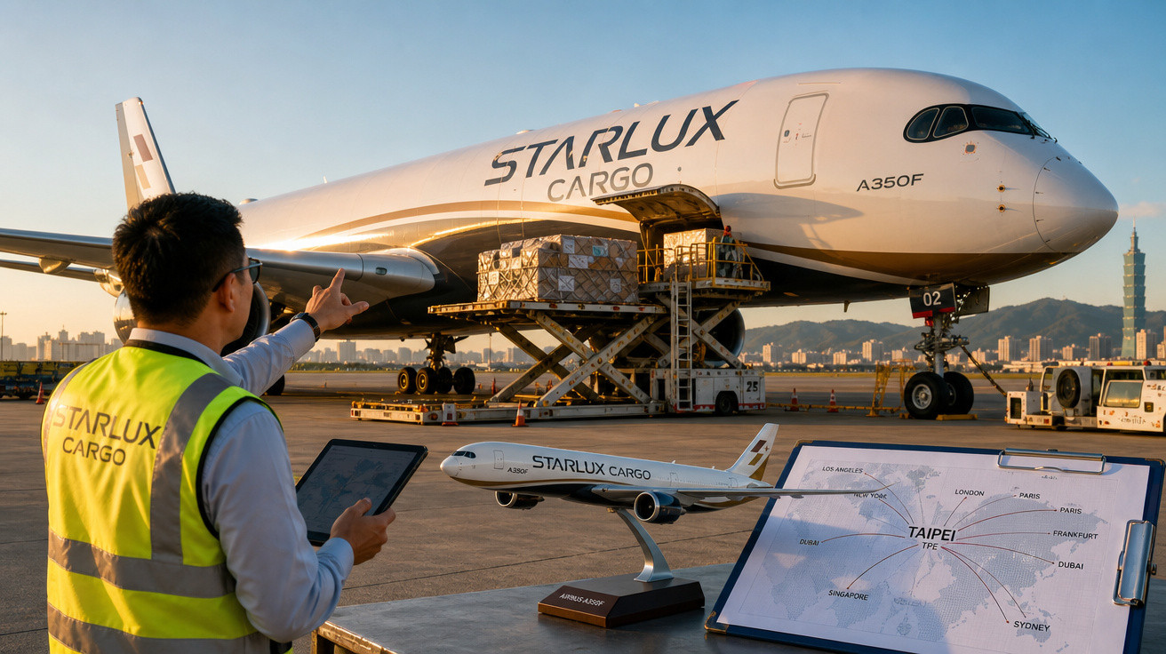 Homem com colete Starlux Cargo direciona carga sendo carregada em avião Starlux Cargo no aeroporto ao entardecer.