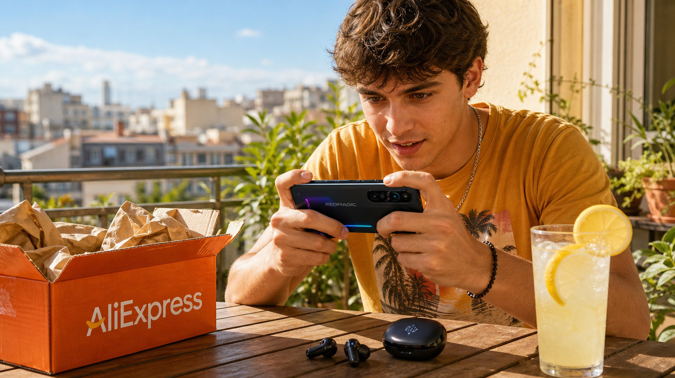 Jovem jogando no celular em varanda com caixa da AliExpress, fone sem fio e copo de limonada na mesa.