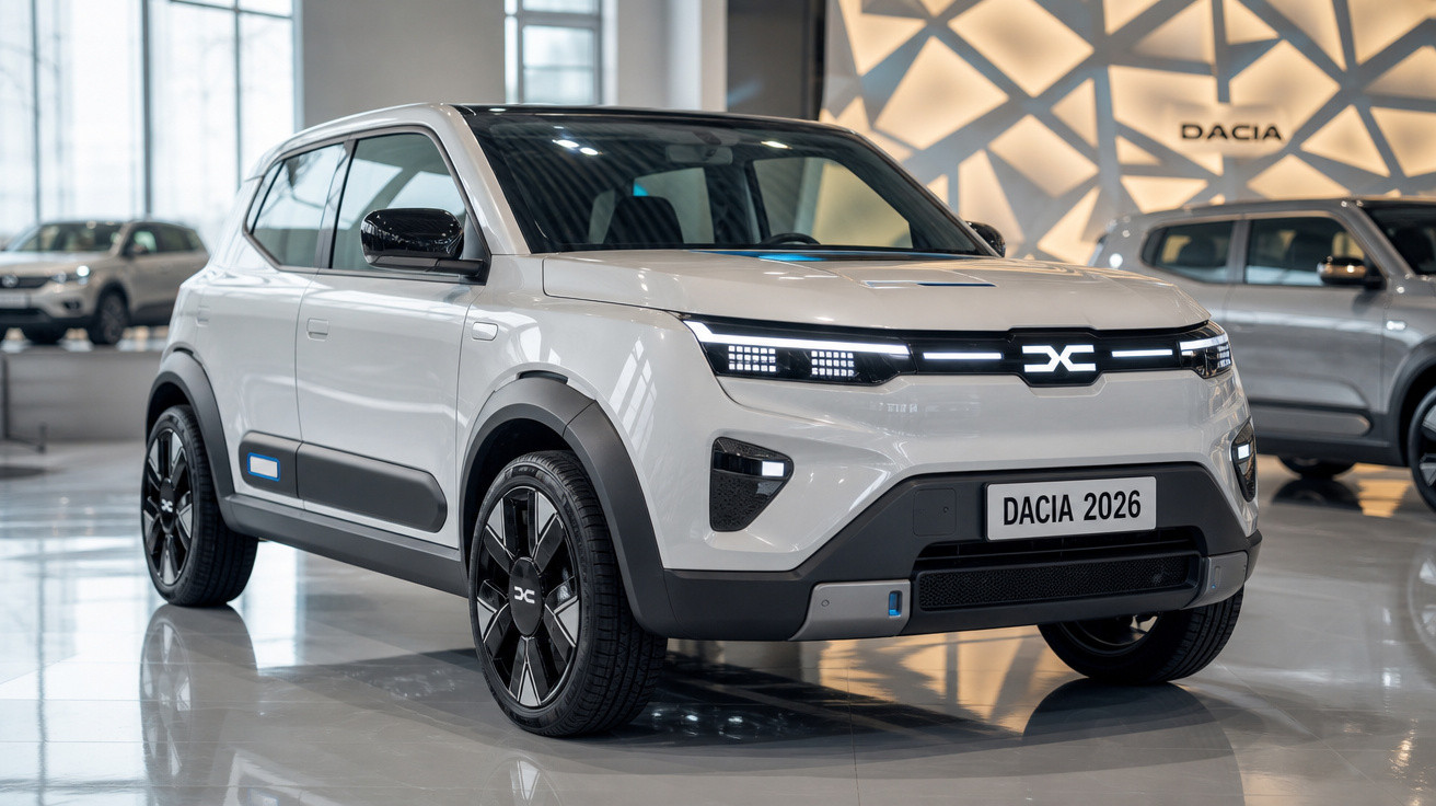 Carro elétrico Dacia 2026 branco exibido em salão com design moderno e faróis de LED.