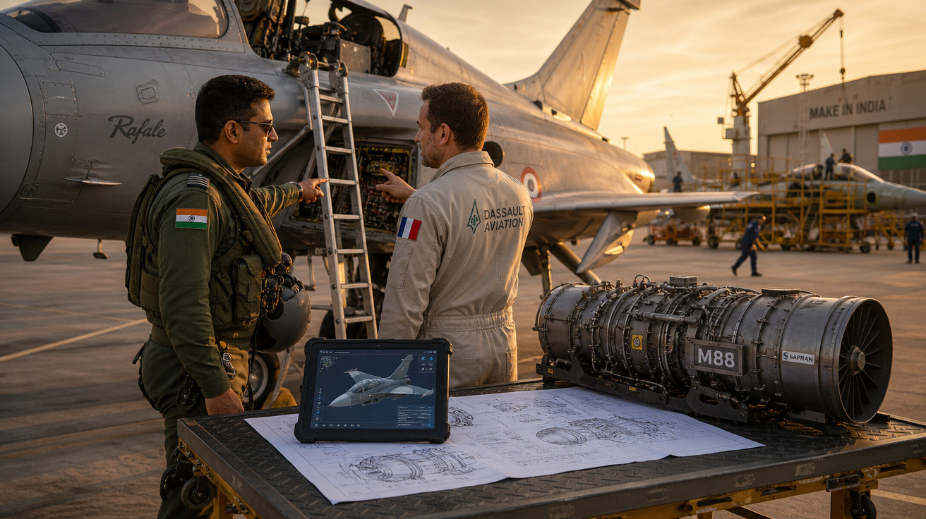 Dois técnicos conversam ao lado de avião Rafale com motor exposto e desenhos técnicos sobre mesa.