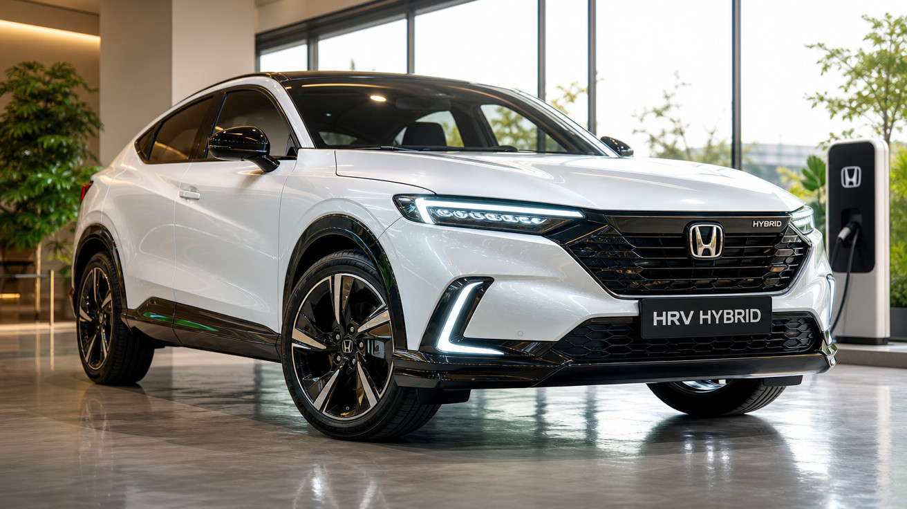 SUV branco Honda HR-V Hybrid estacionado em showroom moderno com carregador elétrico ao fundo.