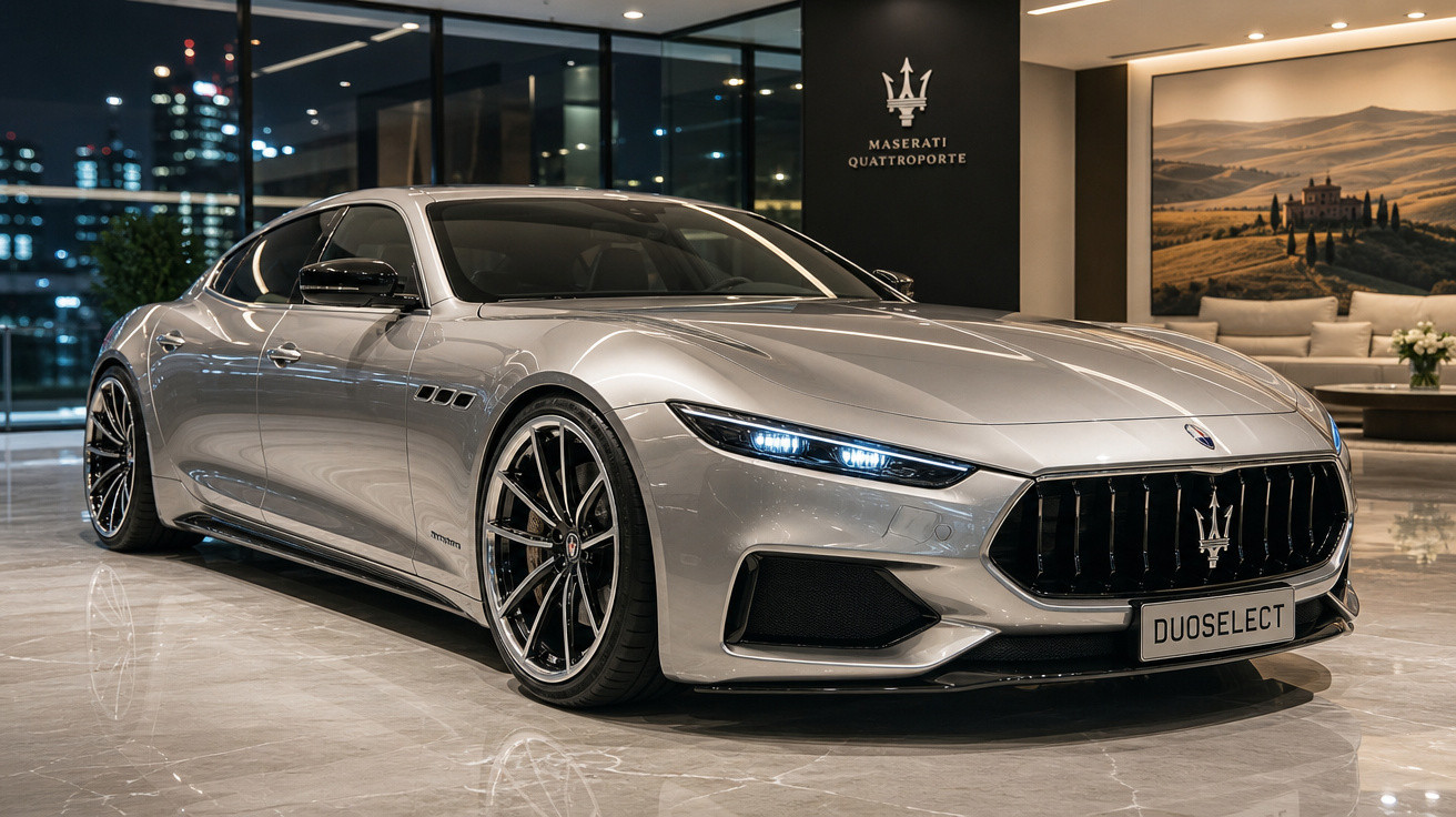 Carro de luxo Maserati Quattroporte prata exibido em showroom moderno à noite.