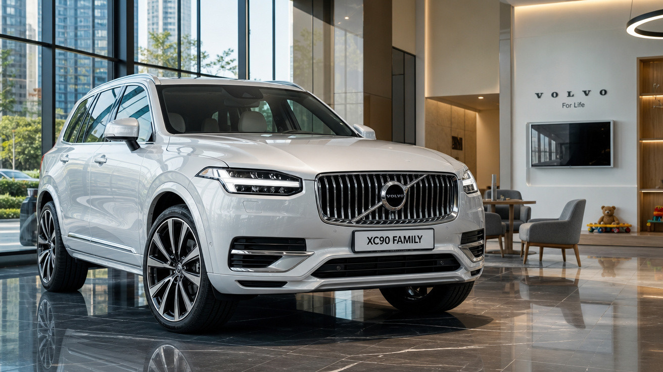 SUV Volvo XC90 branco exibido em showroom moderno com paredes de vidro e poltronas cinza ao fundo.