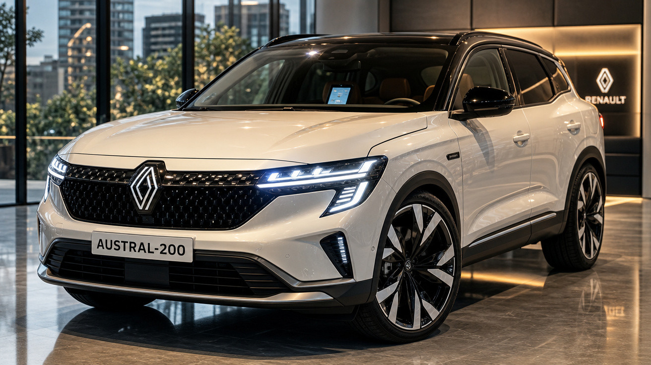 Carro SUV Renault Austral-200 branco em exposição em ambiente interno moderno com luzes ligadas.