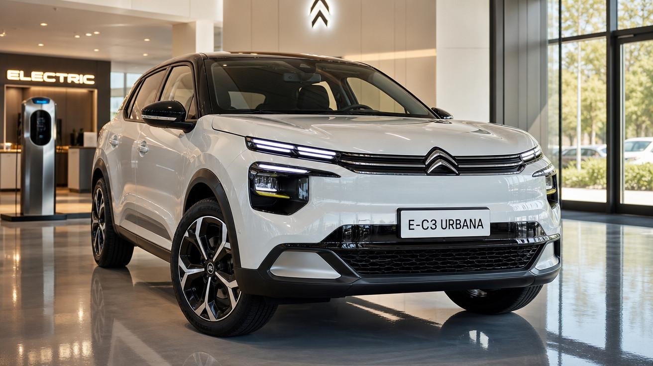 Carro elétrico Citroën E-C3 Urbana branco em showroom moderno com pôster elétrico ao fundo.