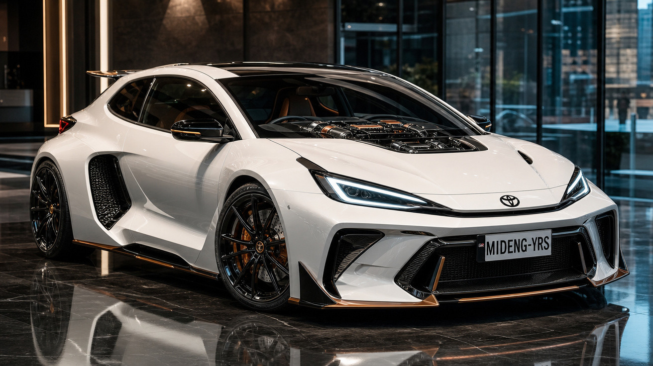 Carro esportivo branco com capô transparente exibindo motor, em ambiente interno sofisticado.