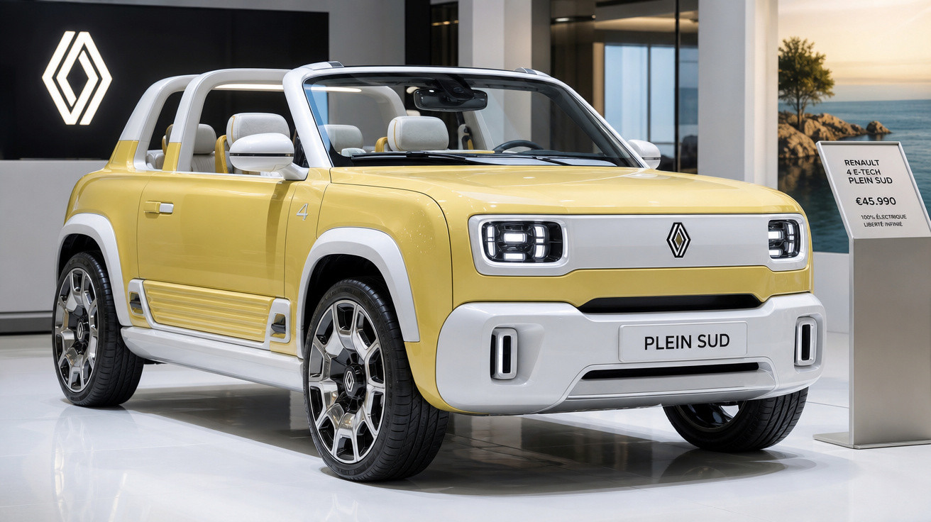 Carro conversível Renault amarelo com detalhes brancos exposto em showroom moderno.