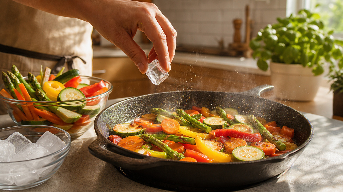 Mão adicionando cubo de gelo em frigideira com legumes variados sendo cozinhados na cozinha iluminada.