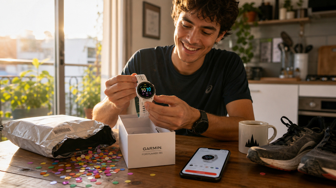 Homem sorrindo desembrulha relógio Garmin Forerunner 265 numa cozinha iluminada pela manhã.