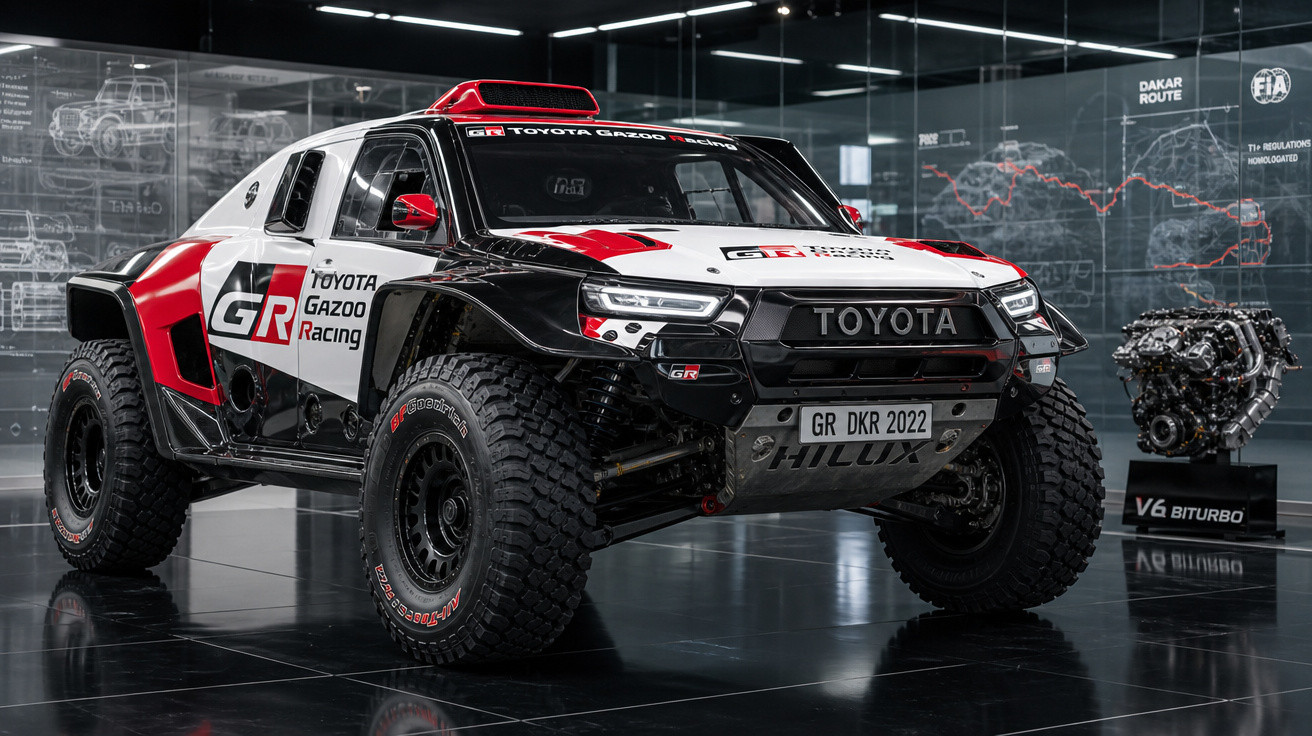 Carro Toyota Gazoo Racing preparado para rally Dakar 2022 em exposição com motor V6 Biturbo ao lado.
