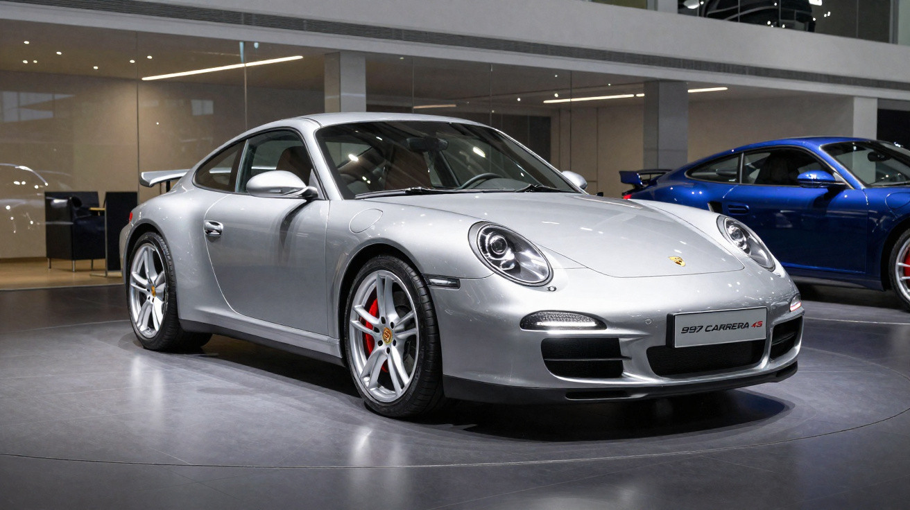 Carro esportivo prata Porsche 997 Carrera 4S em exposição com outro carro azul ao fundo.