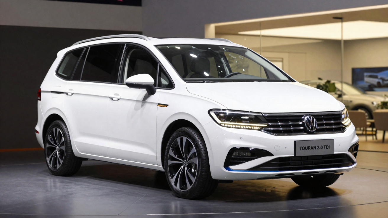 Carro Volkswagen Touran 2.0 TDI branco, com rodas esportivas, exibido em showroom moderno.