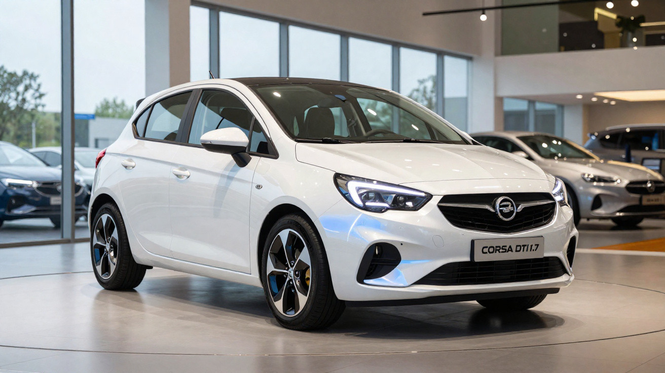 Carro branco hatchback Opel Corsa DT 1.1.7 estacionado em showroom moderno.