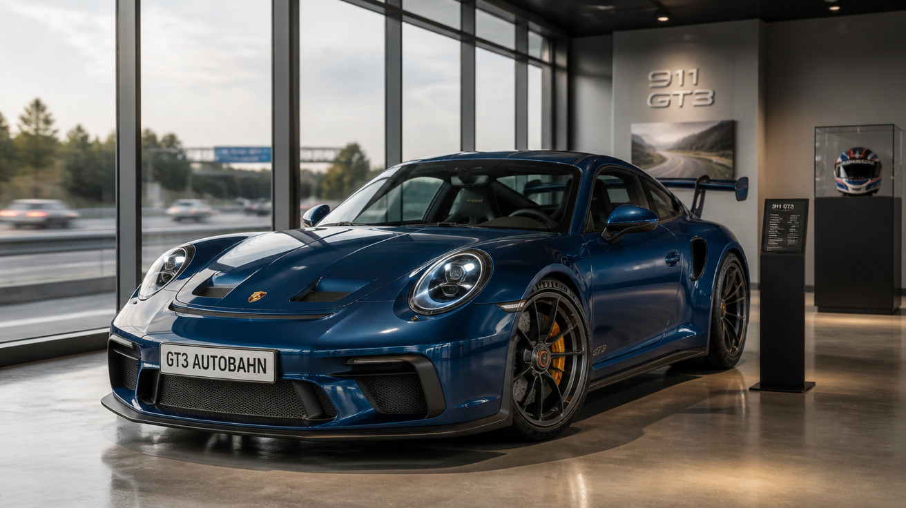 Carro esportivo azul Porsche 911 GT3 exibido em showroom moderno com grandes janelas.