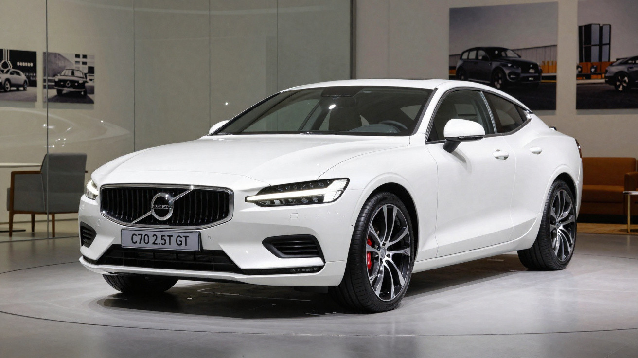 Carro branco Volvo C70 2.5T GT em exposição, visto de frente e lado direito.