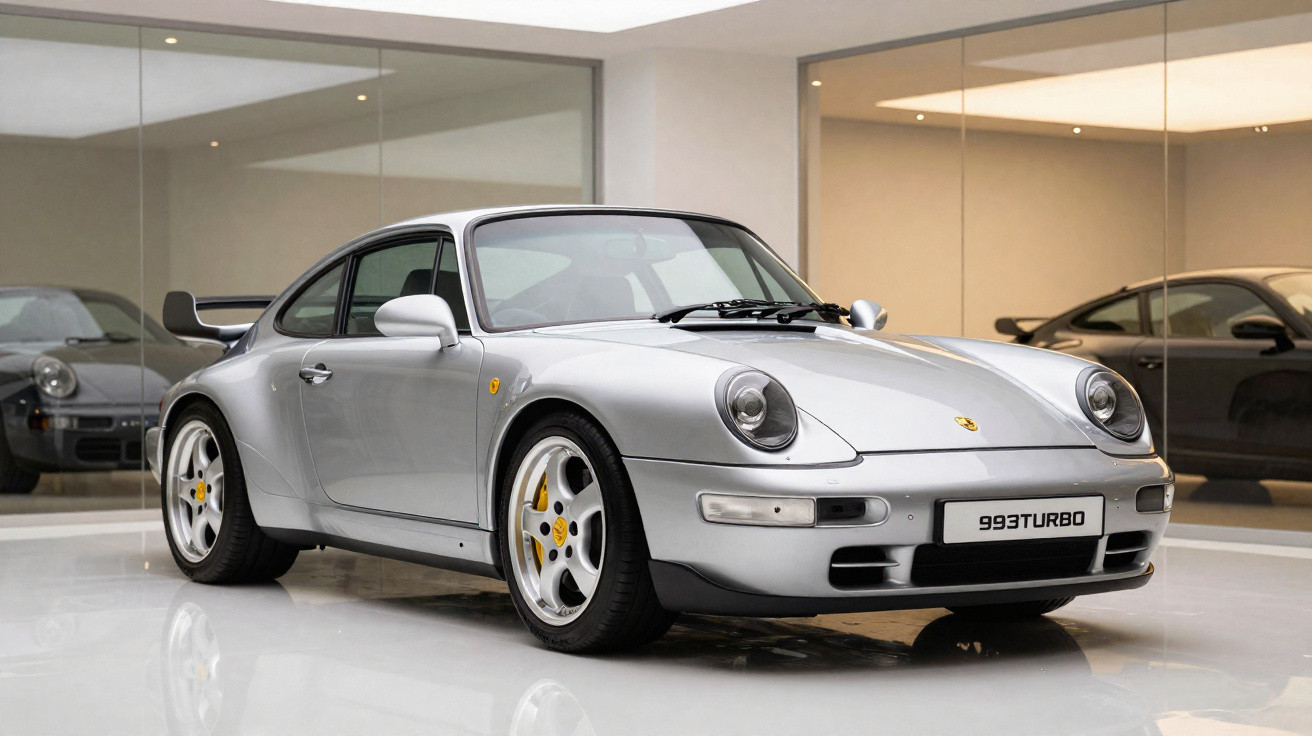 Carro esportivo prata Porsche 993 Turbo em exposição interna com paredes espelhadas ao fundo.