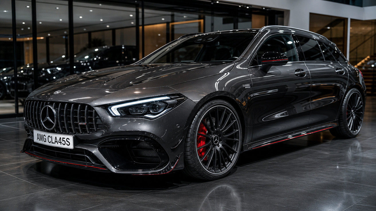 Mercedes-Benz AMG CLA45S cinza estacionado em showroom moderno com acabamento esportivo e rodas pretas.