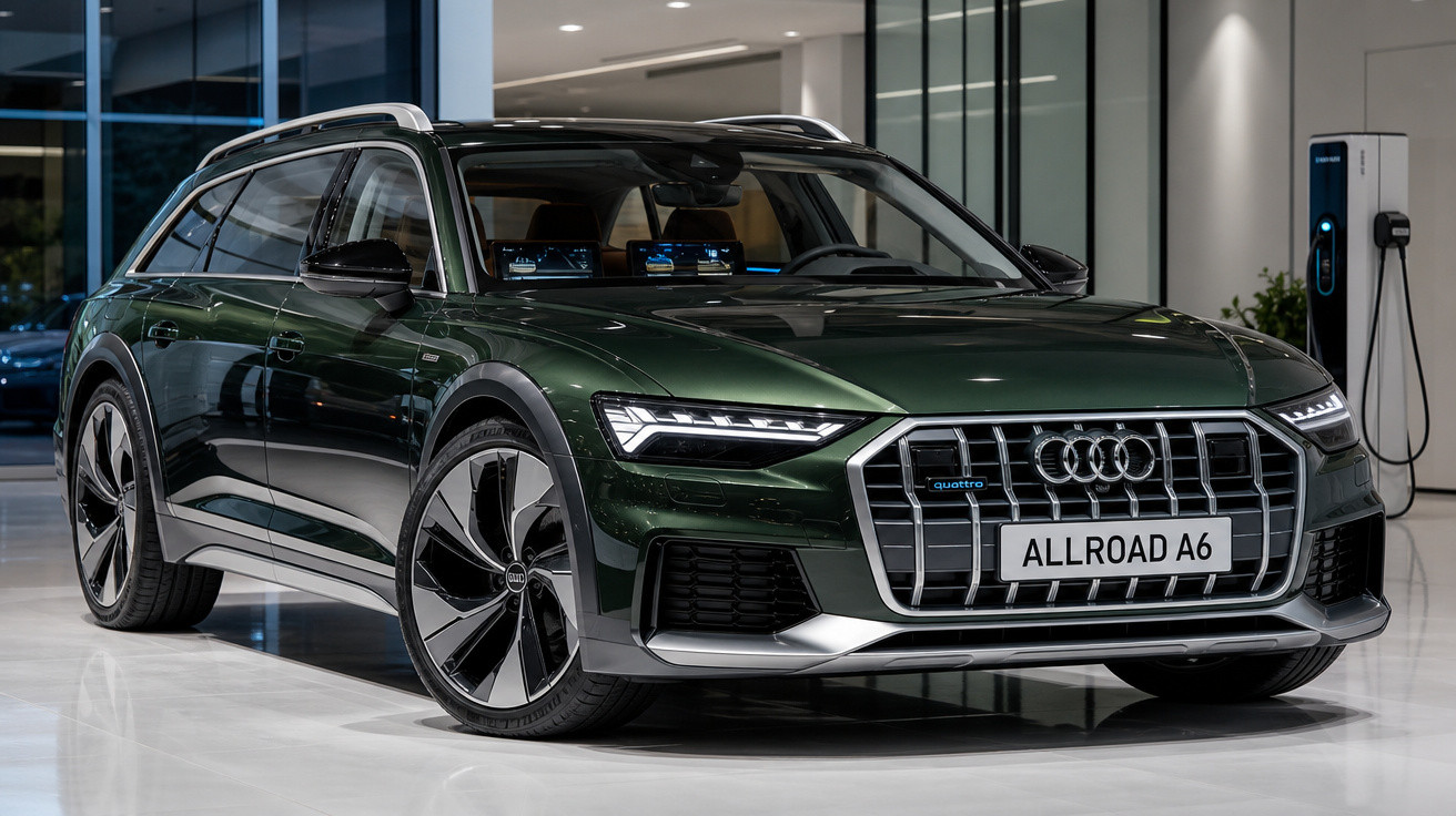 Carro Audi Allroad A6 verde escuro em showroom moderno com parede branca e carregador elétrico.