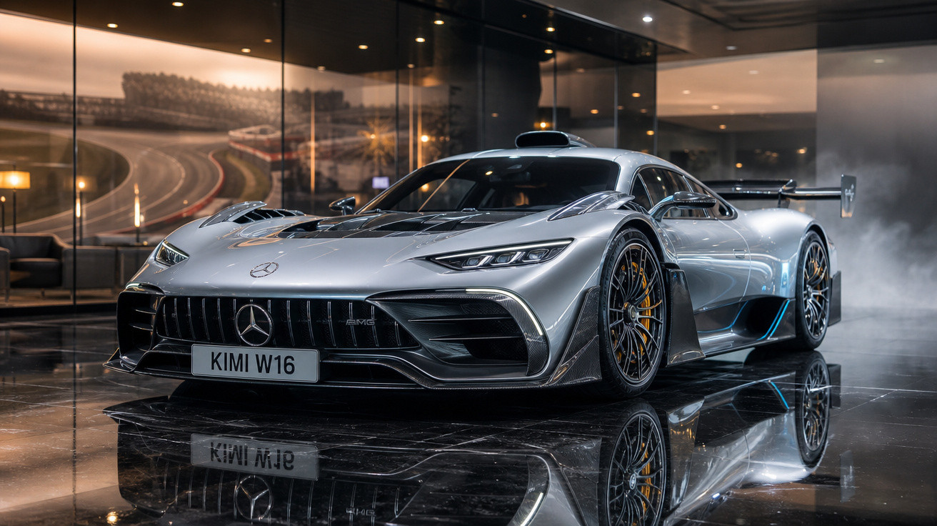 Carro esportivo Mercedes-AMG em prata com aerofólio, refletindo no piso brilhante em ambiente fechado.