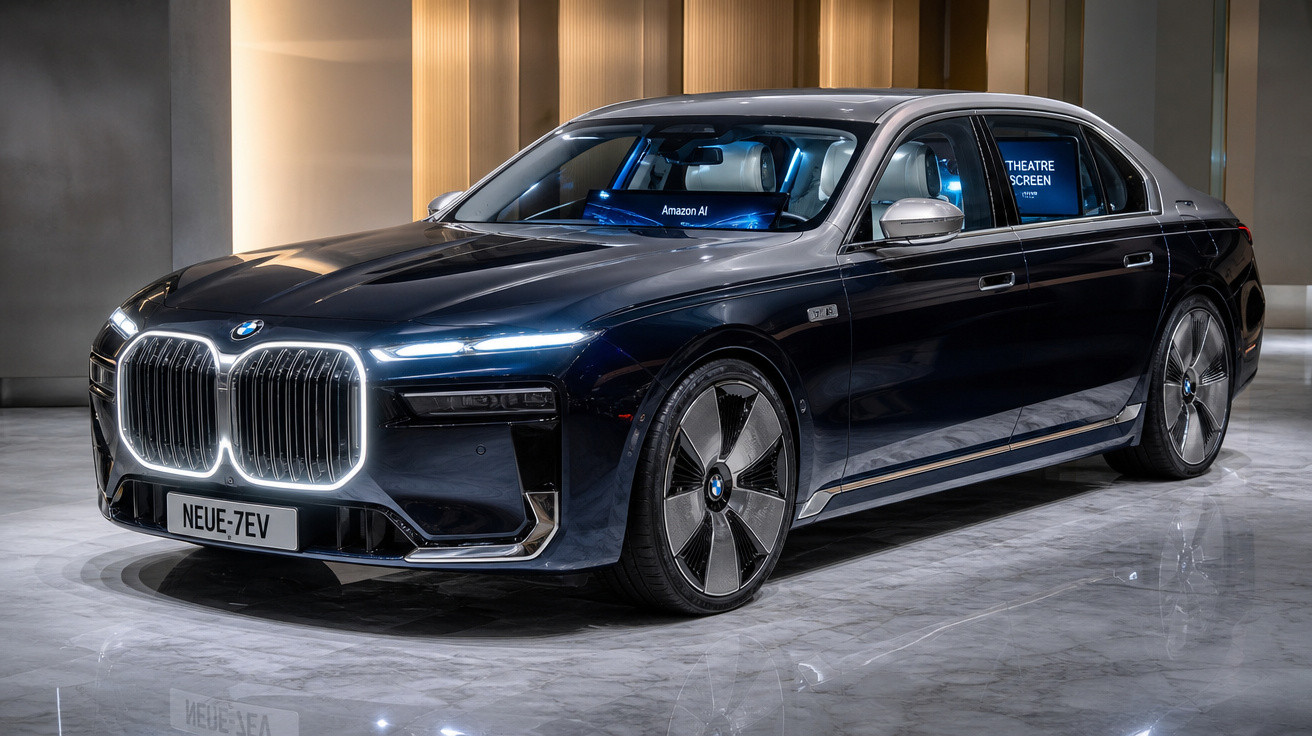 Carro BMW elétrico preto com design futurista em ambiente interno moderno.