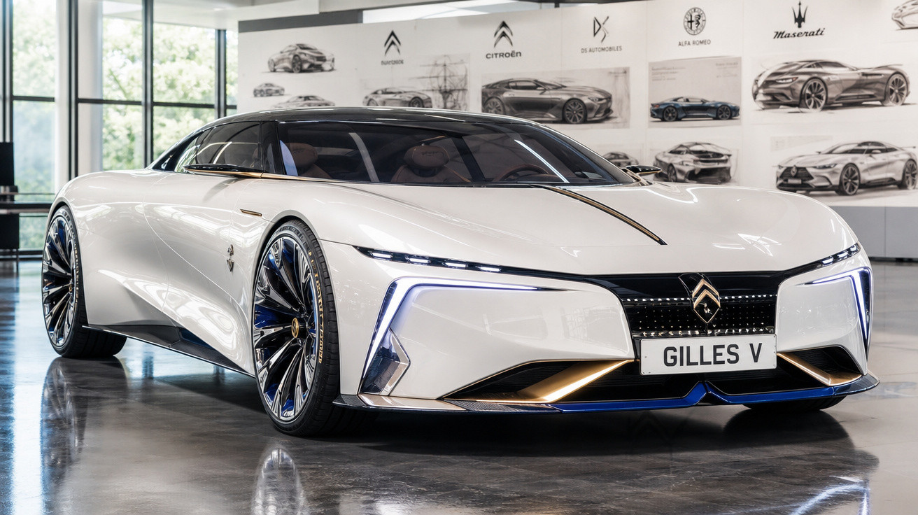 Carro esportivo branco futurista com design aerodinâmico em exposição interna moderna.