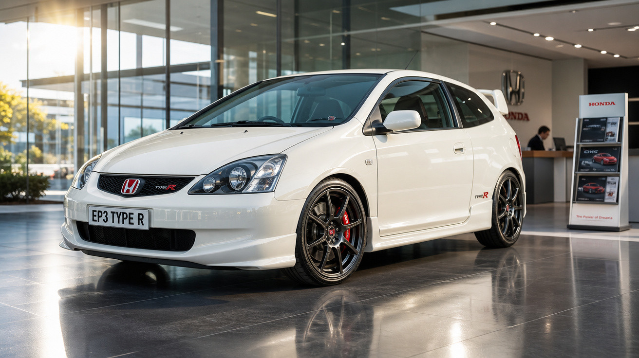 Honda Civic Type R branco exposto em concessionária com piso espelhado e estrutura de vidro.