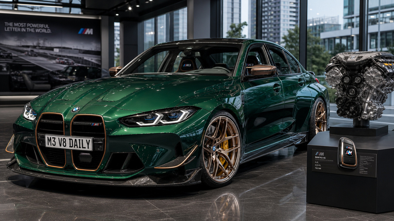 Carro esportivo BMW M3 verde com detalhes dourados em showroom moderno ao lado de motor exposto.