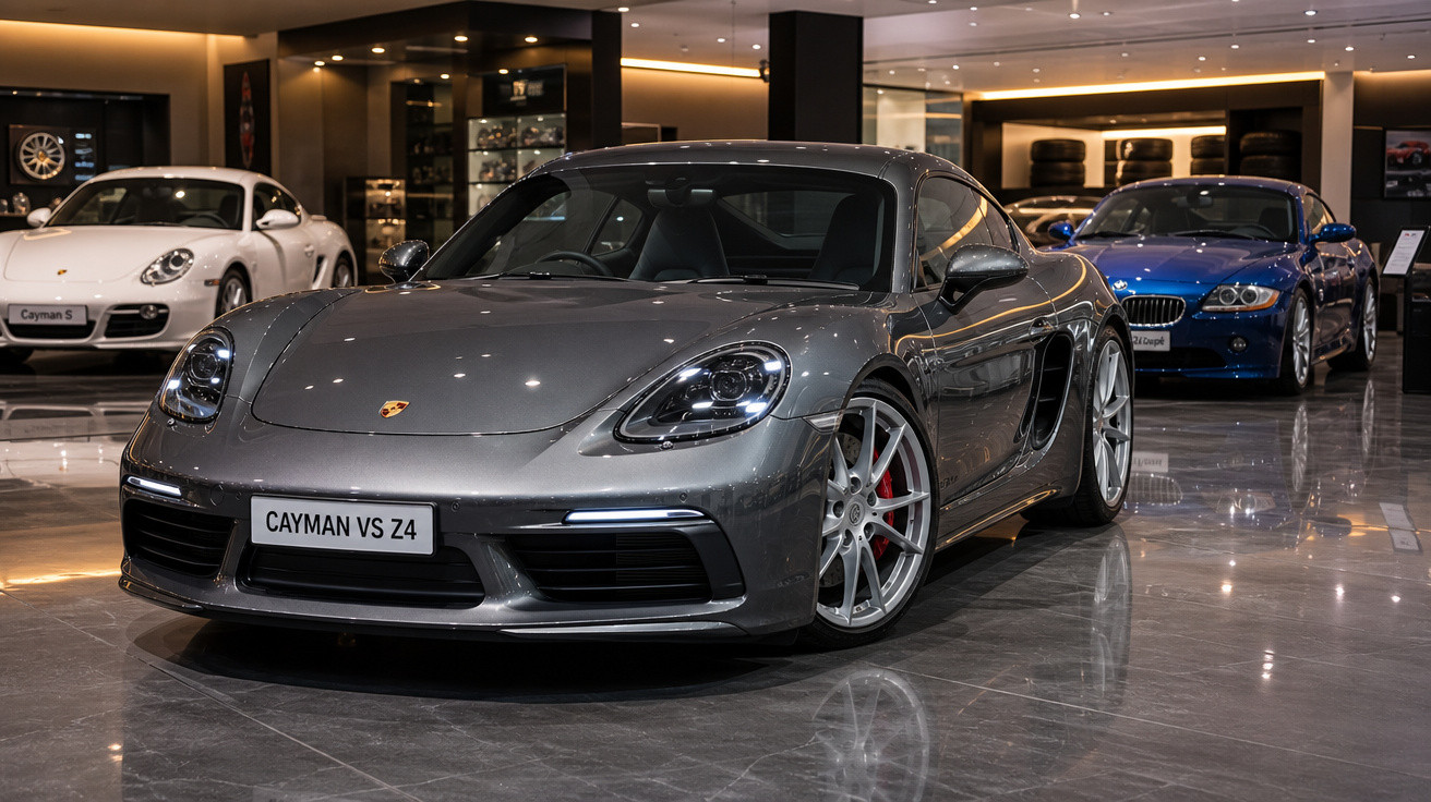 Carro esportivo Porsche Cayman cinza em exposição dentro de showroom com iluminação interna.