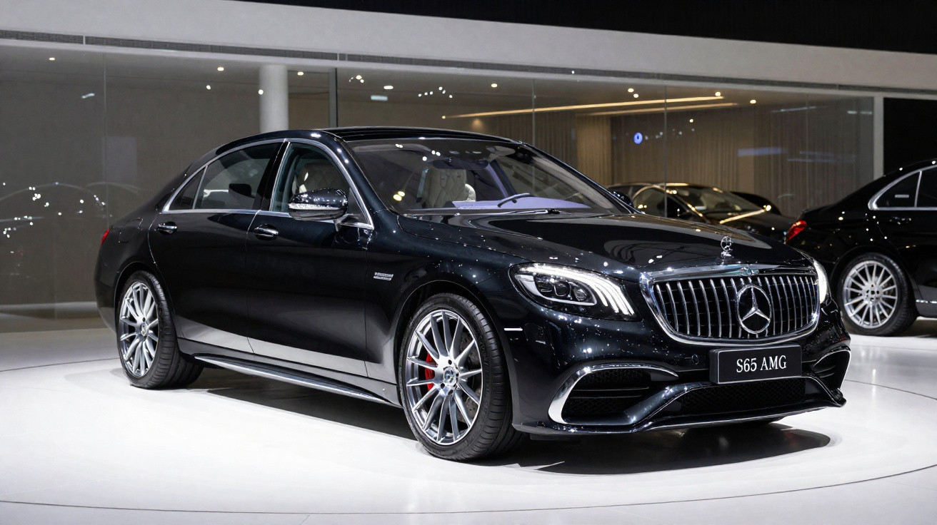 Carro preto Mercedes-Benz S65 AMG exibido em salão automotivo com piso branco e iluminação interna.