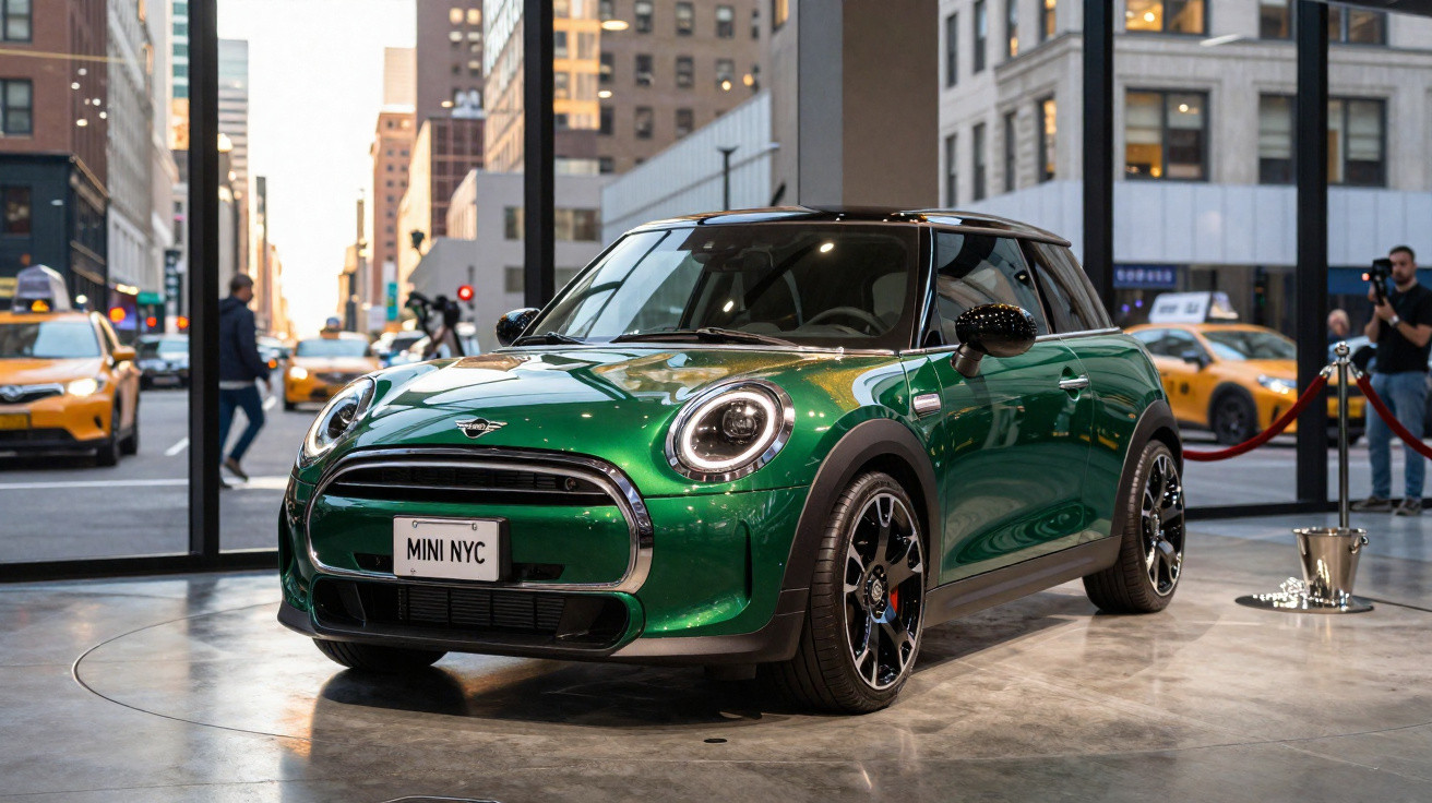 Carro Mini Cooper verde exposto em showroom com vidros grandes e prédios ao fundo.