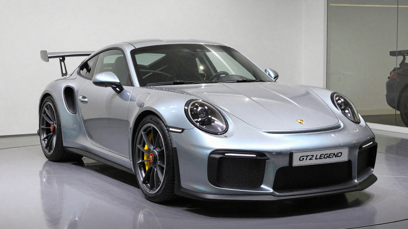 Carro esportivo prata Porsche GT2 Legend em exposição, com aerofólio traseiro grande e rodas pretas.