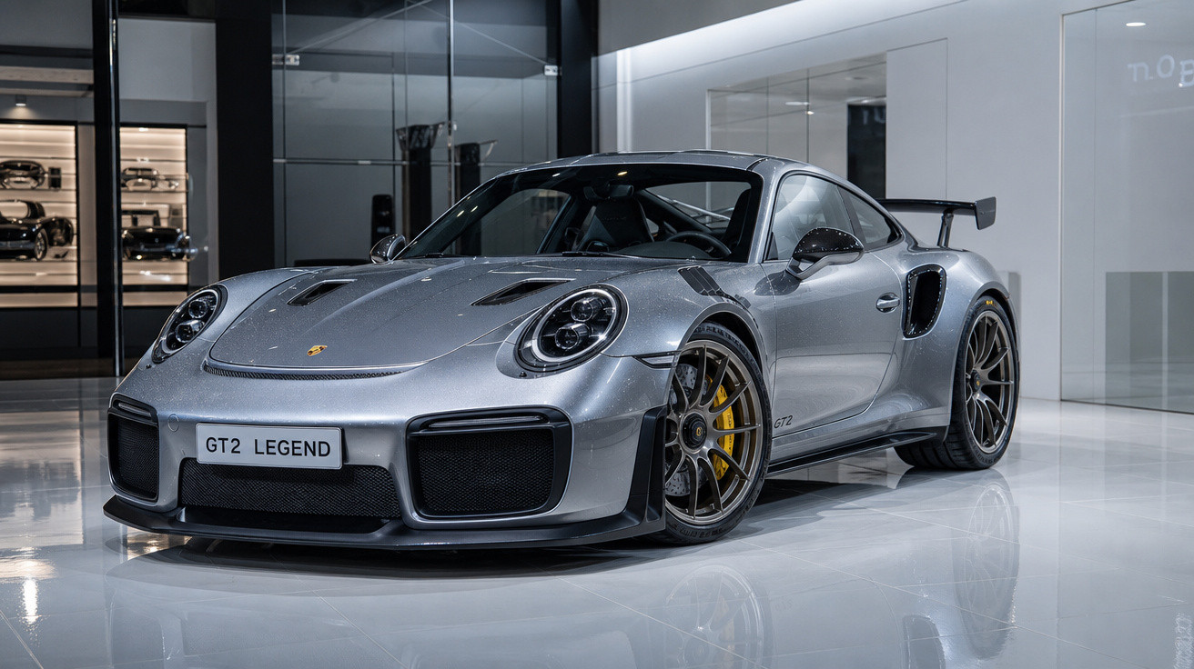 Carro esportivo Porsche GT2 Legend prata exibido em showroom moderno e iluminado.