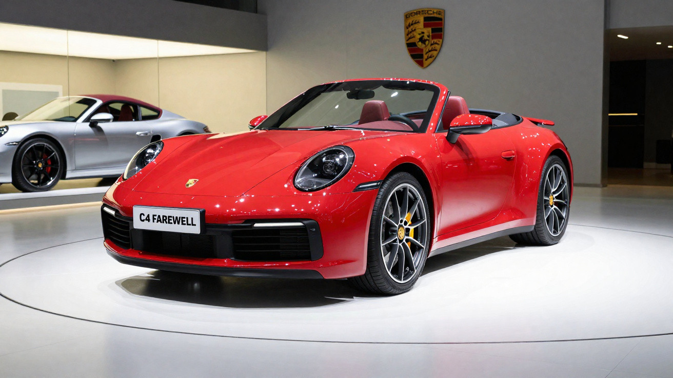Carro esportivo conversível Porsche 911 vermelho exposto em sala com placa "C4 Farewell".