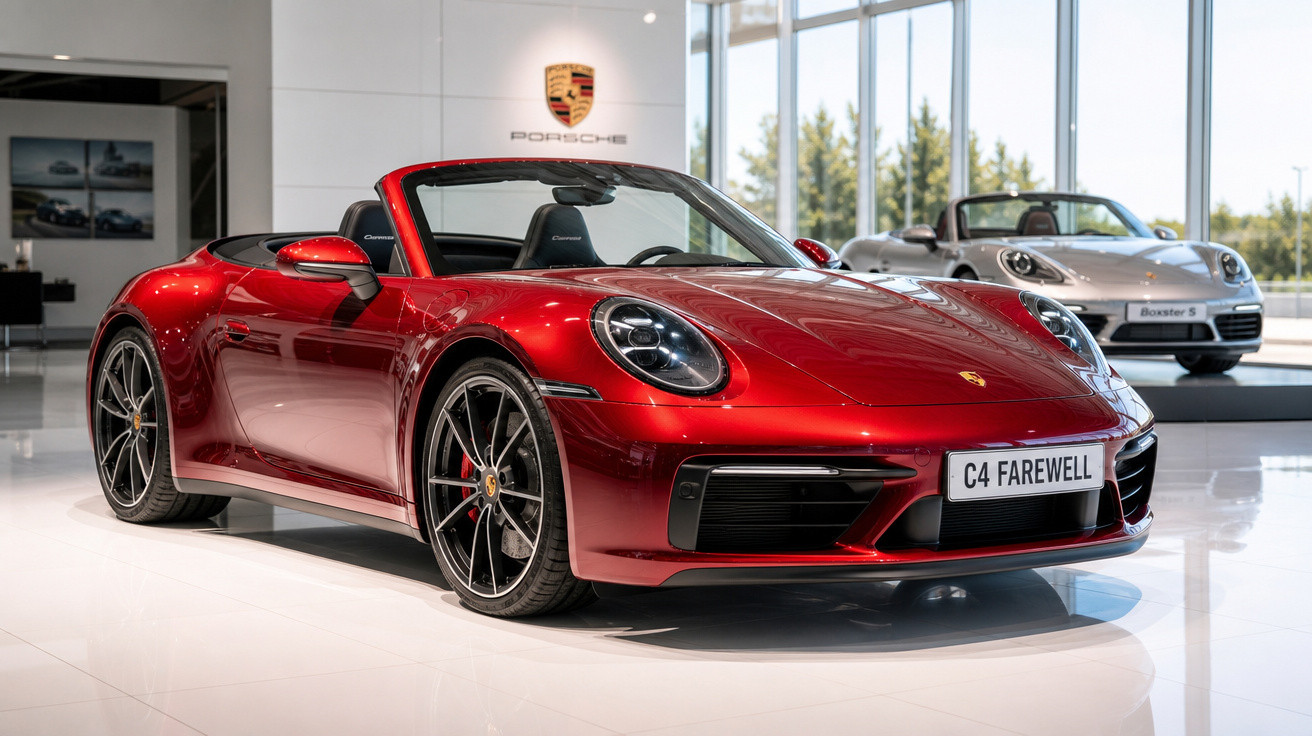 Carro conversível Porsche 911 vermelho em exibição em showroom com outro Porsche ao fundo.