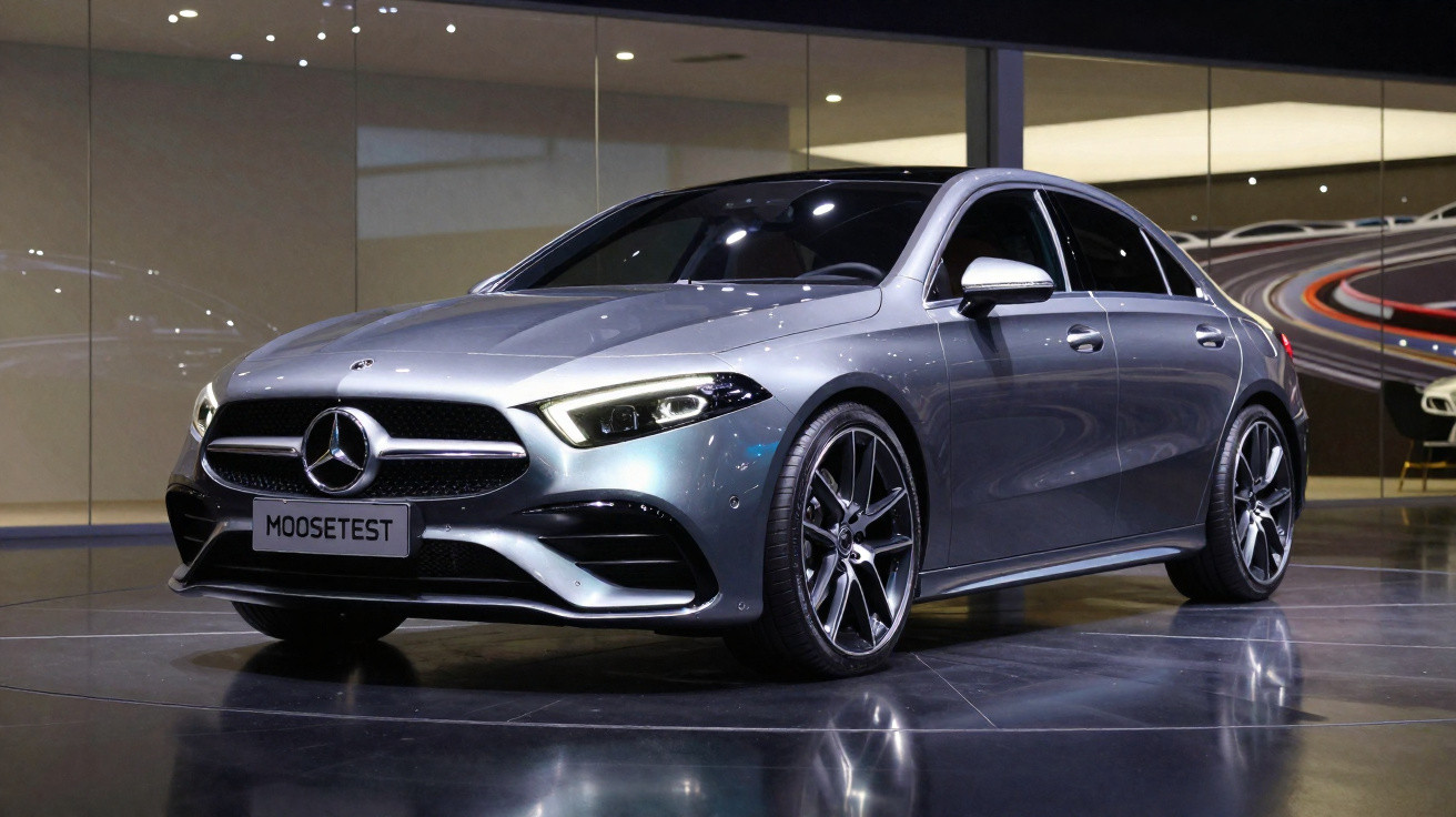 Carro Mercedes-Benz prata exibido em salão de automóveis com iluminação interna refletida no chão.