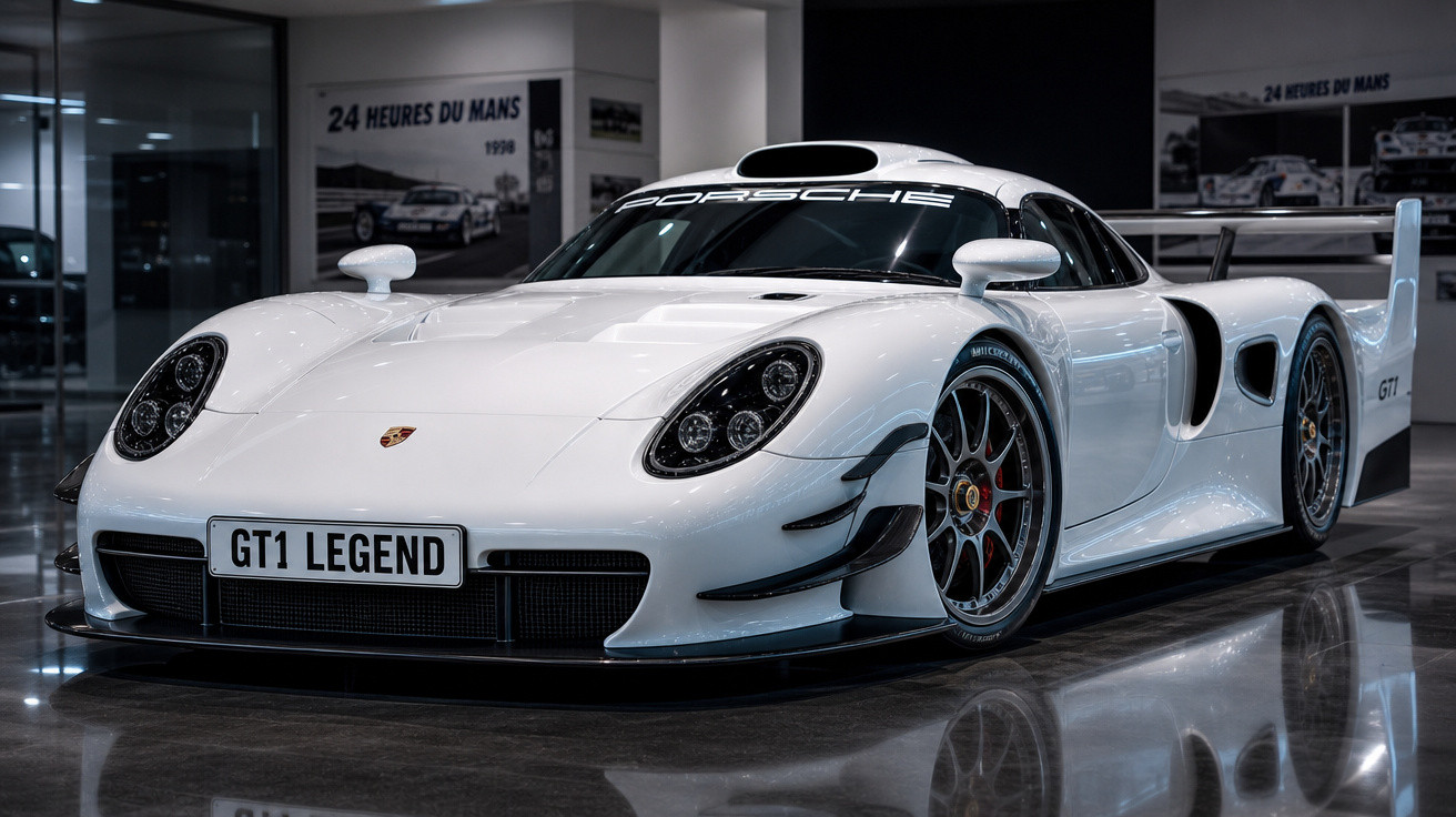 Carro esportivo branco Porsche GT1 Legend exposto em museu com piso refletivo.