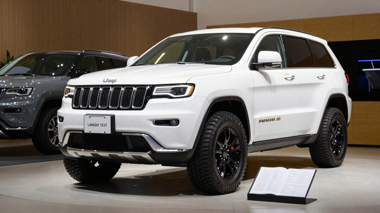 SUV branco Jeep Laredo exposto em ambiente interno com outra SUV cinza ao fundo.