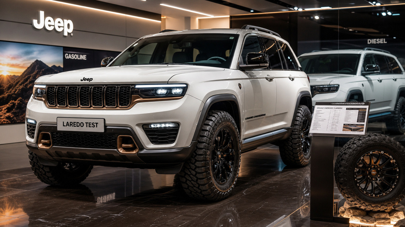 SUV Jeep Laredo Test branca em exposição, com pneus robustos e acabamento em preto e bronze.
