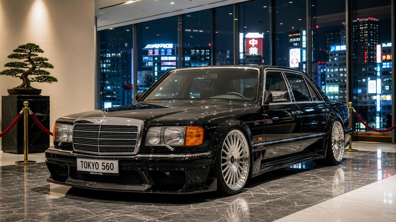 Carro Mercedes-Benz preto estacionado em piso de mármore com janela mostrando a cidade iluminada à noite.