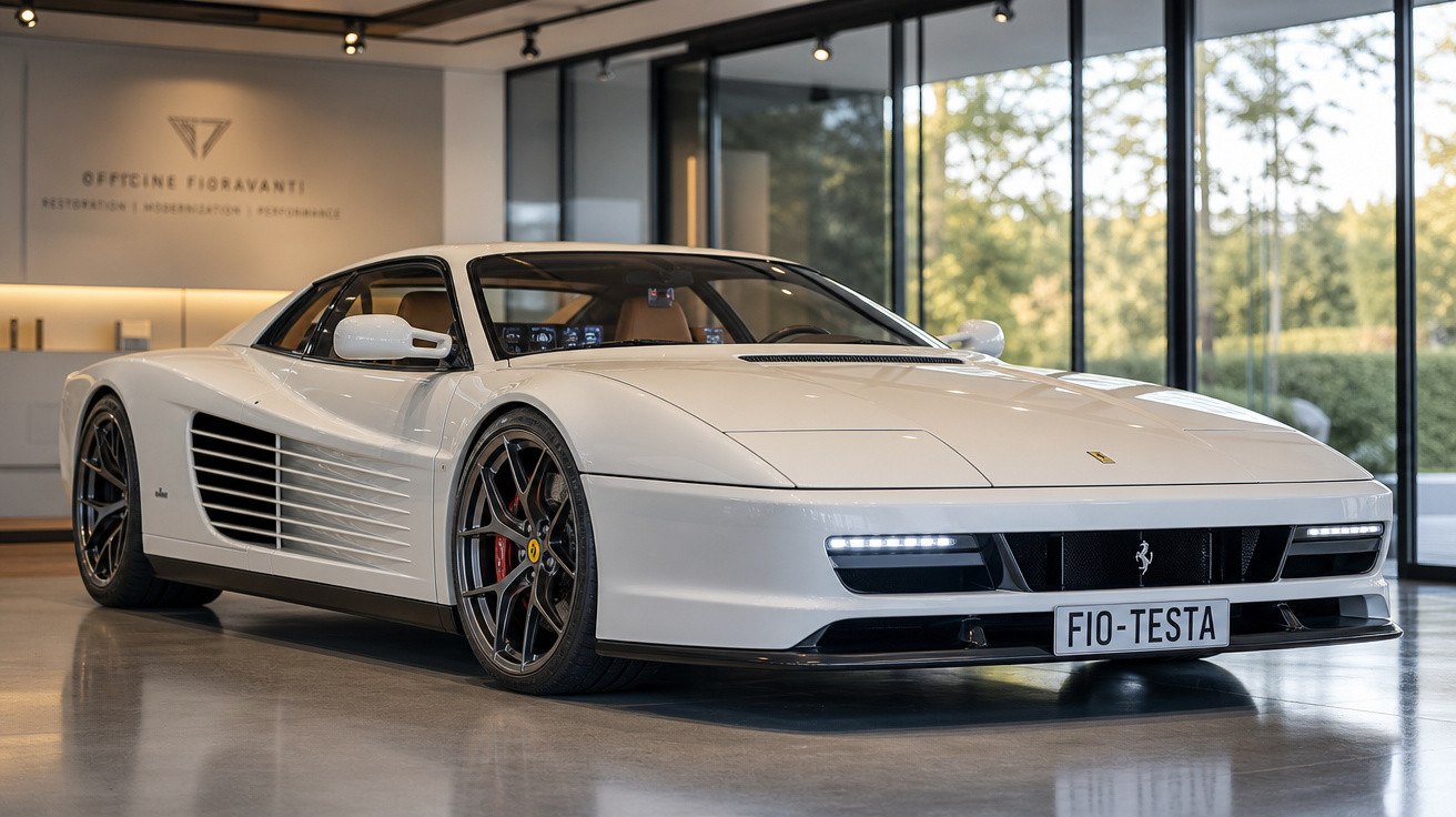 Carro esportivo branco Ferrari Testarossa estacionado em showroom moderno com piso refletivo.