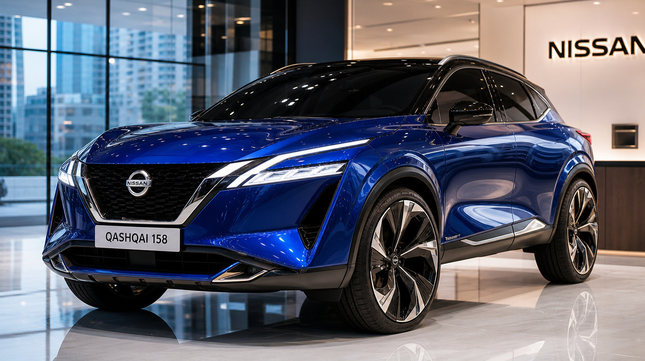 SUV Nissan Qashqai azul em exposição na concessionária, visto de frente e lateral direita.