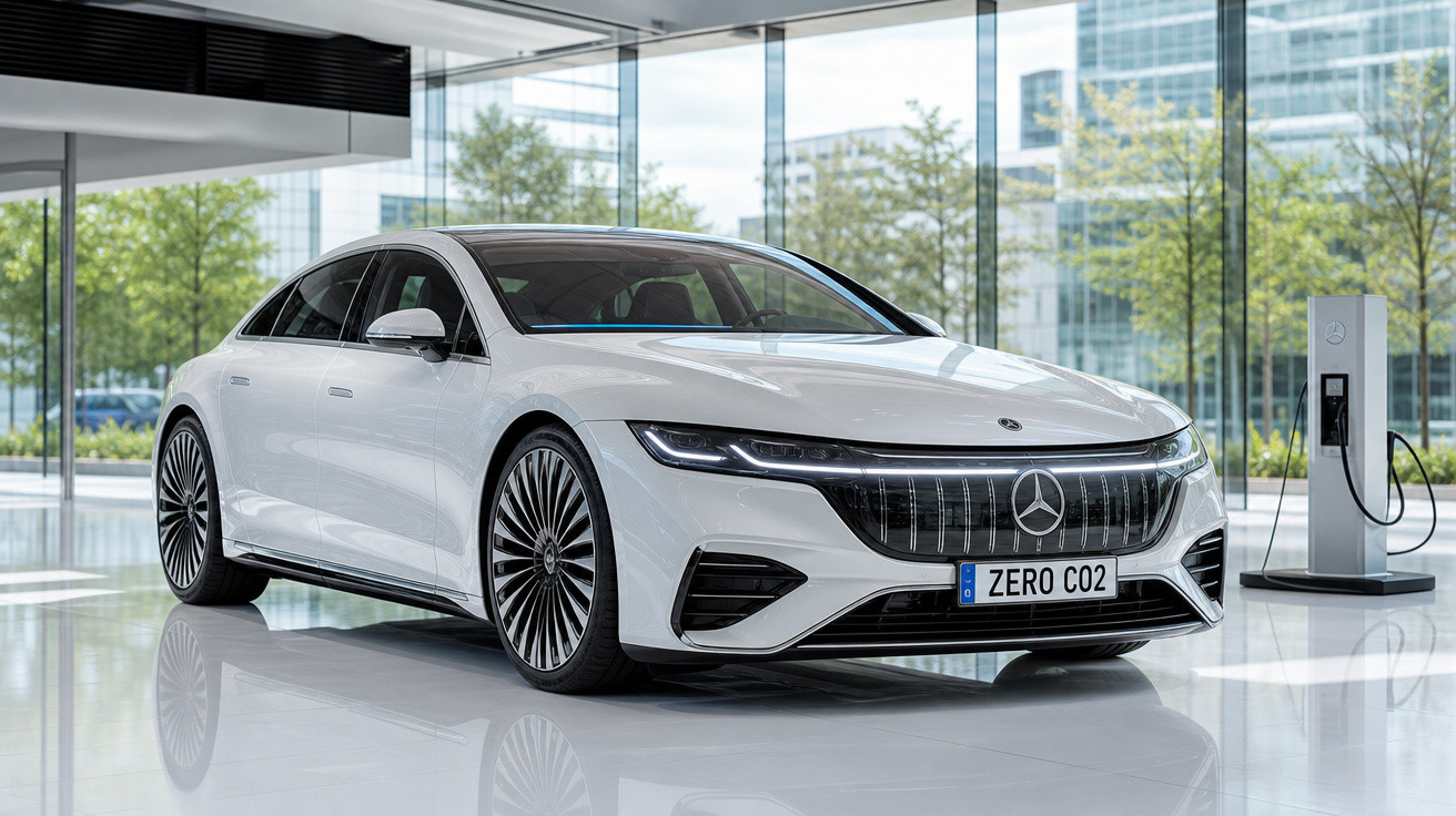 Carro elétrico branco da Mercedes-Benz estacionado em showroom moderno com estação de recarga ao lado.