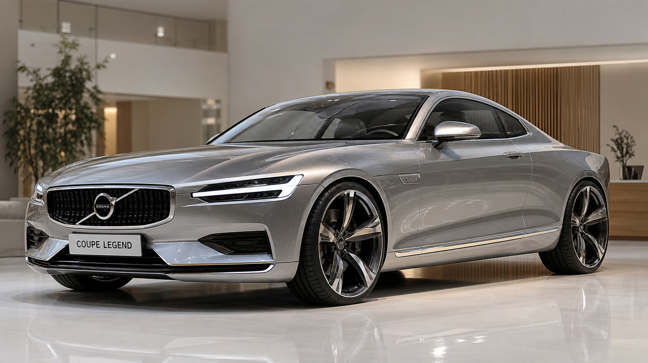 Carro cinza Volvo Coupe Legend em showroom moderno com piso branco e plantas ao fundo.