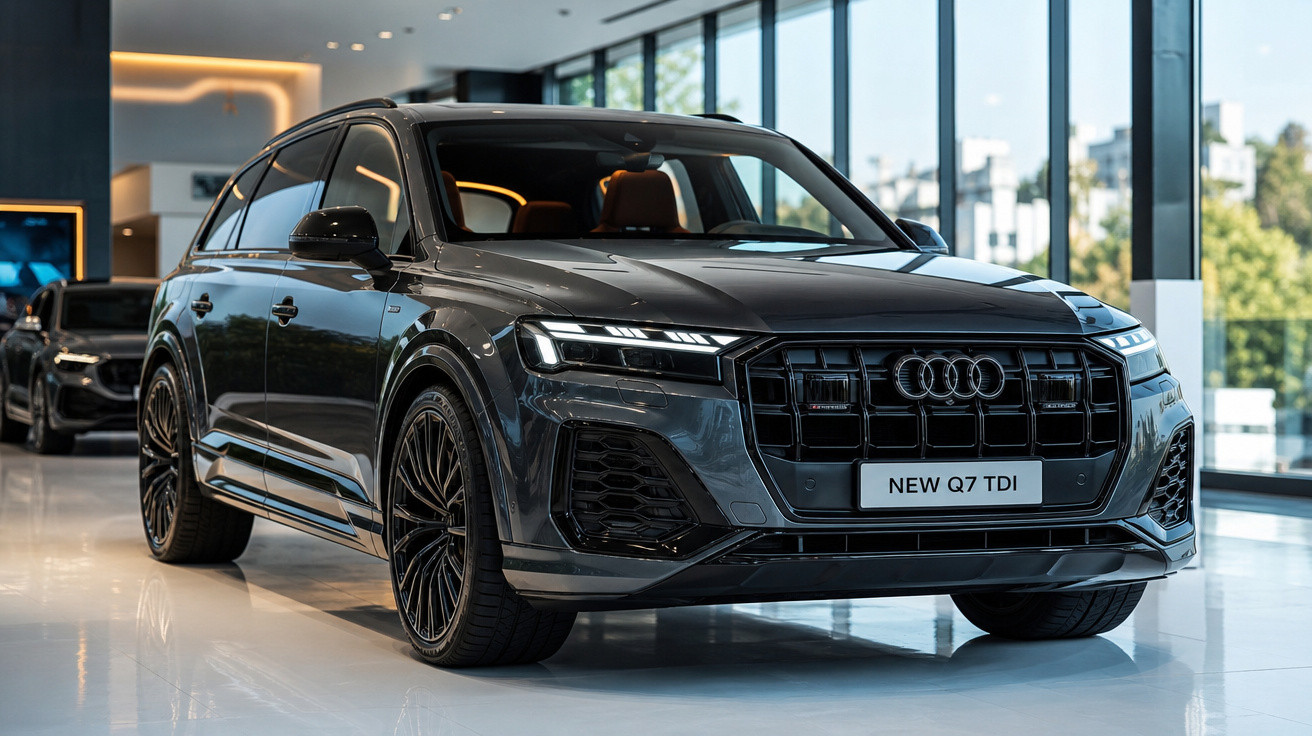 Carro Audi Q7 TDI preto em showroom moderno com iluminação natural e piso branco brilhante.