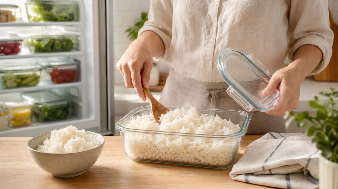Pessoa mexendo arroz cozido em recipiente de vidro na cozinha com geladeira ao fundo aberta.