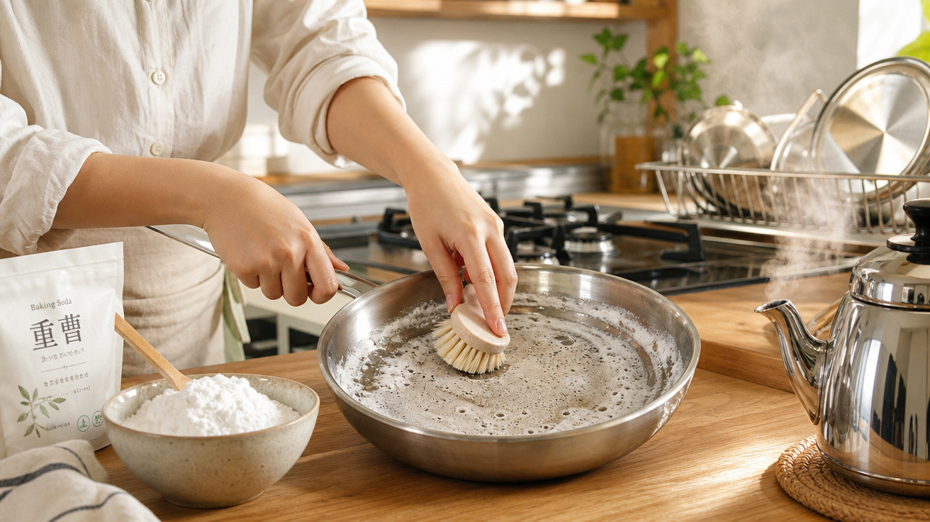 Pessoa limpando frigideira com escova em cozinha, com bicarbonato de sódio e chaleira a vapor ao lado.