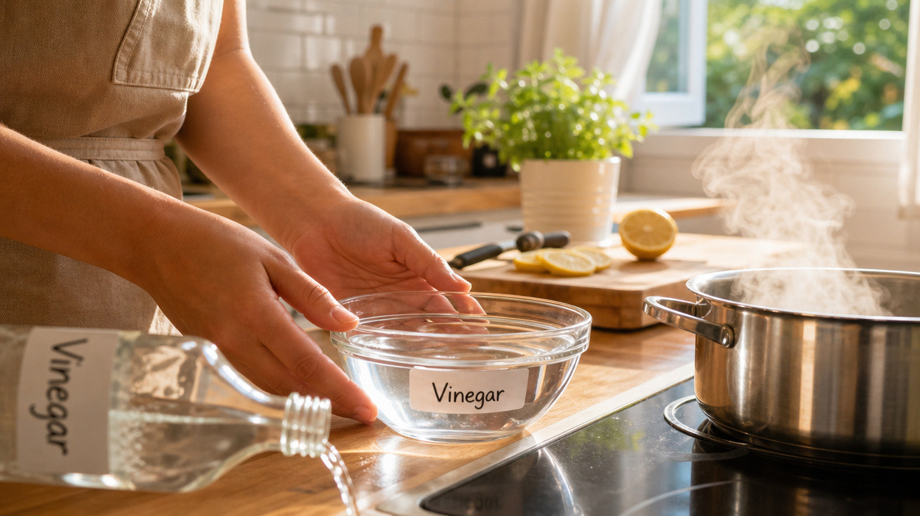 Pessoa despejando vinagre em tigela de vidro na cozinha com panela metálica e limões ao fundo.