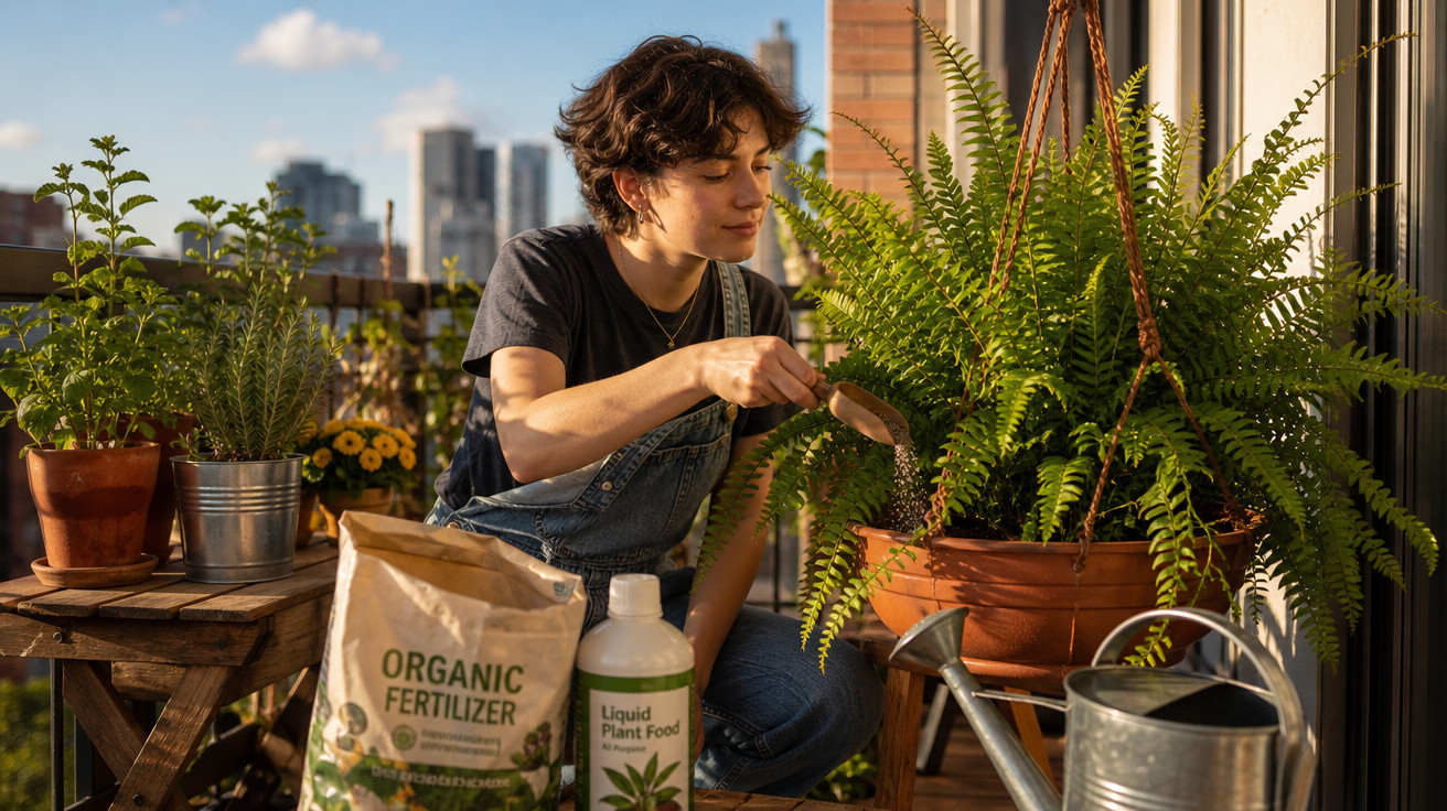 Pessoa regando planta em varanda ensolarada, cercada por vasos e produtos para jardinagem orgânica.