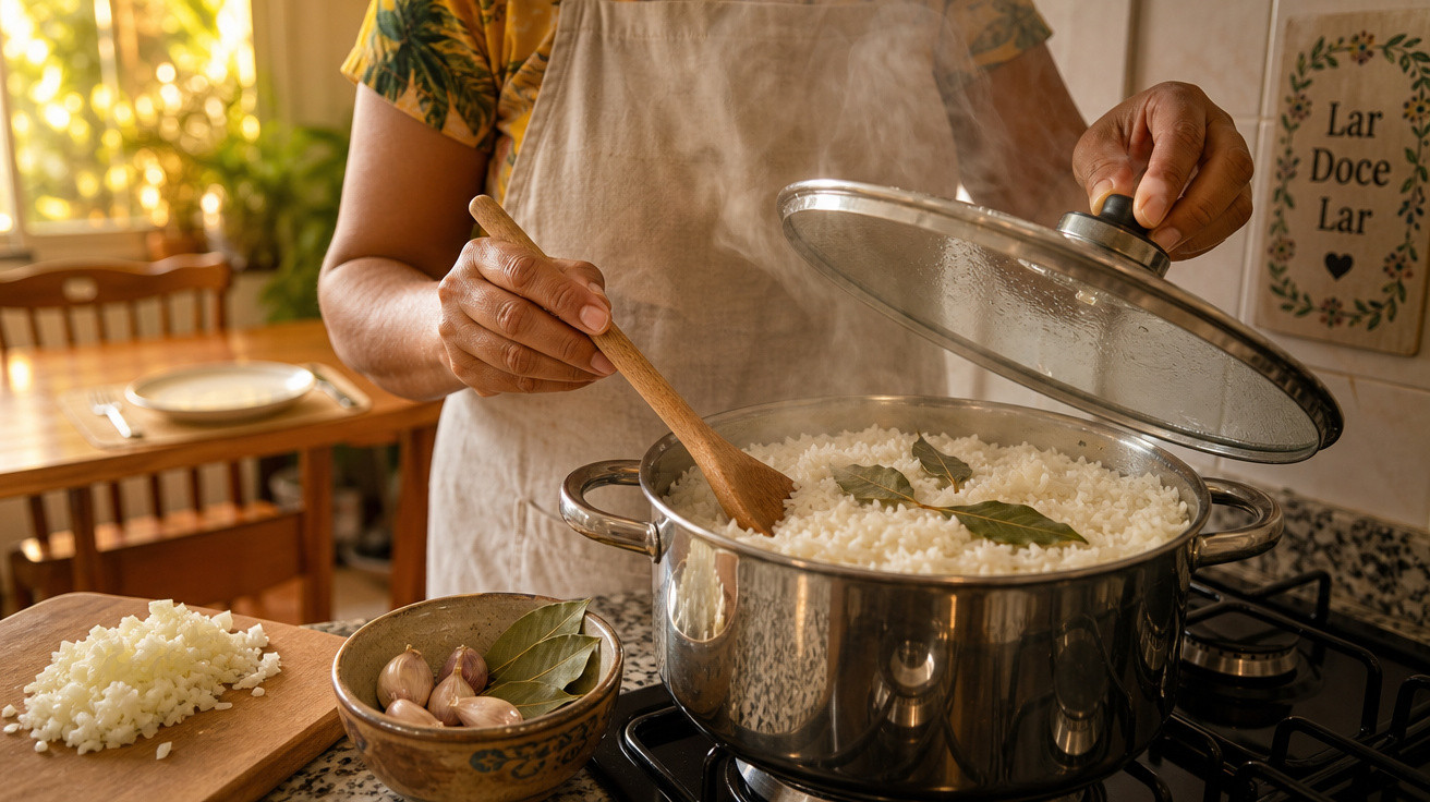 Pessoa mexendo arroz com folhas de louro em panela com tampa de vidro em cozinha iluminada pelo sol