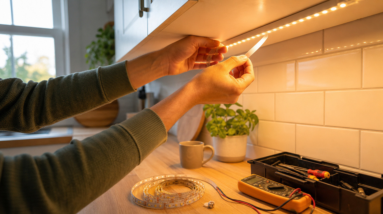 Pessoa instalando fita de luz de LED sob armário na cozinha com ferramentas sobre a bancada.